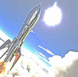 a dreamlike digital artwork of steel rocket climbing in a sunny sky above the clouds